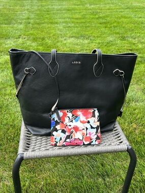 Lodis Bliss Black Leather Tote Bag Structured & Floral Leather Wristlet 17.5 x12